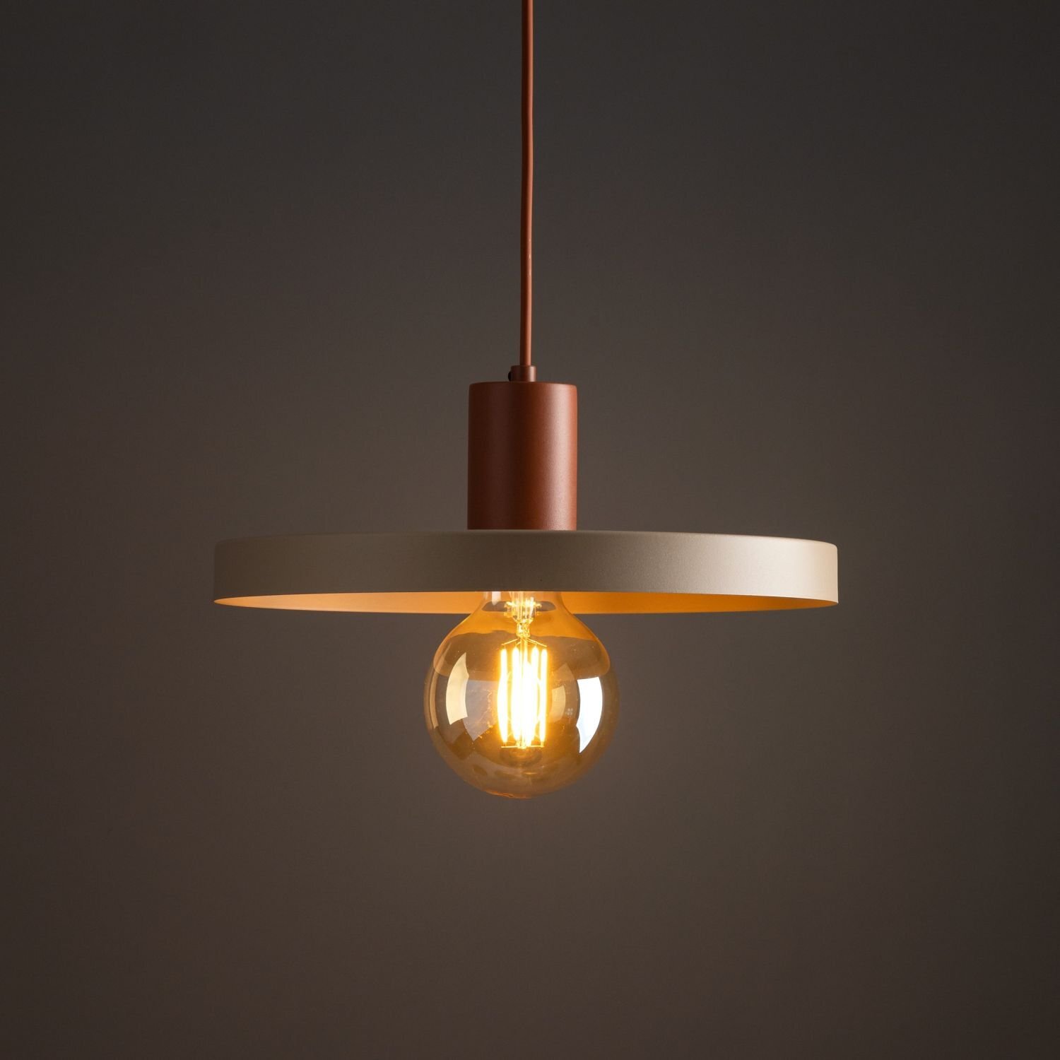 Lampa wisząca z metalowym kloszem w kolorze ceglastym, z widoczną żarówką E27. Klosz ma prosty, nowoczesny design z okrągłym, płaskim elementem.