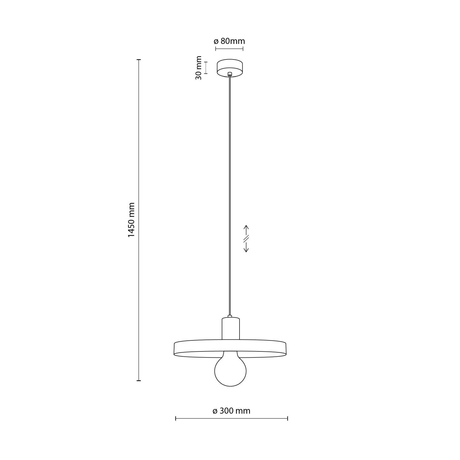 Schematyczny rysunek lampy wiszącej z okrągłym kloszem i żarówką, z wymiarami: wysokość całkowita 1450 mm, średnica klosza 300 mm, średnica mocowania sufitowego 80 mm, wysokość mocowania 30 mm.