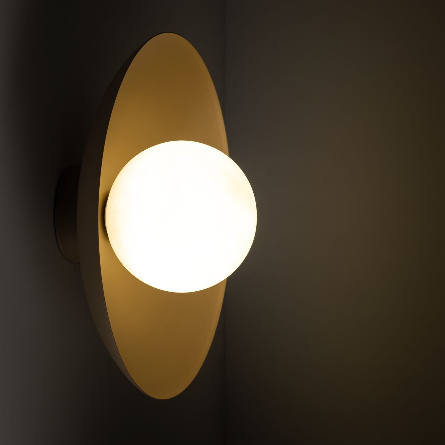 Na obrazie widoczna jest lampa z okrągłym, szklanym kloszem emitującym jasne światło. Lampa zamontowana jest na ścianie, a jej tło jest ciemne.