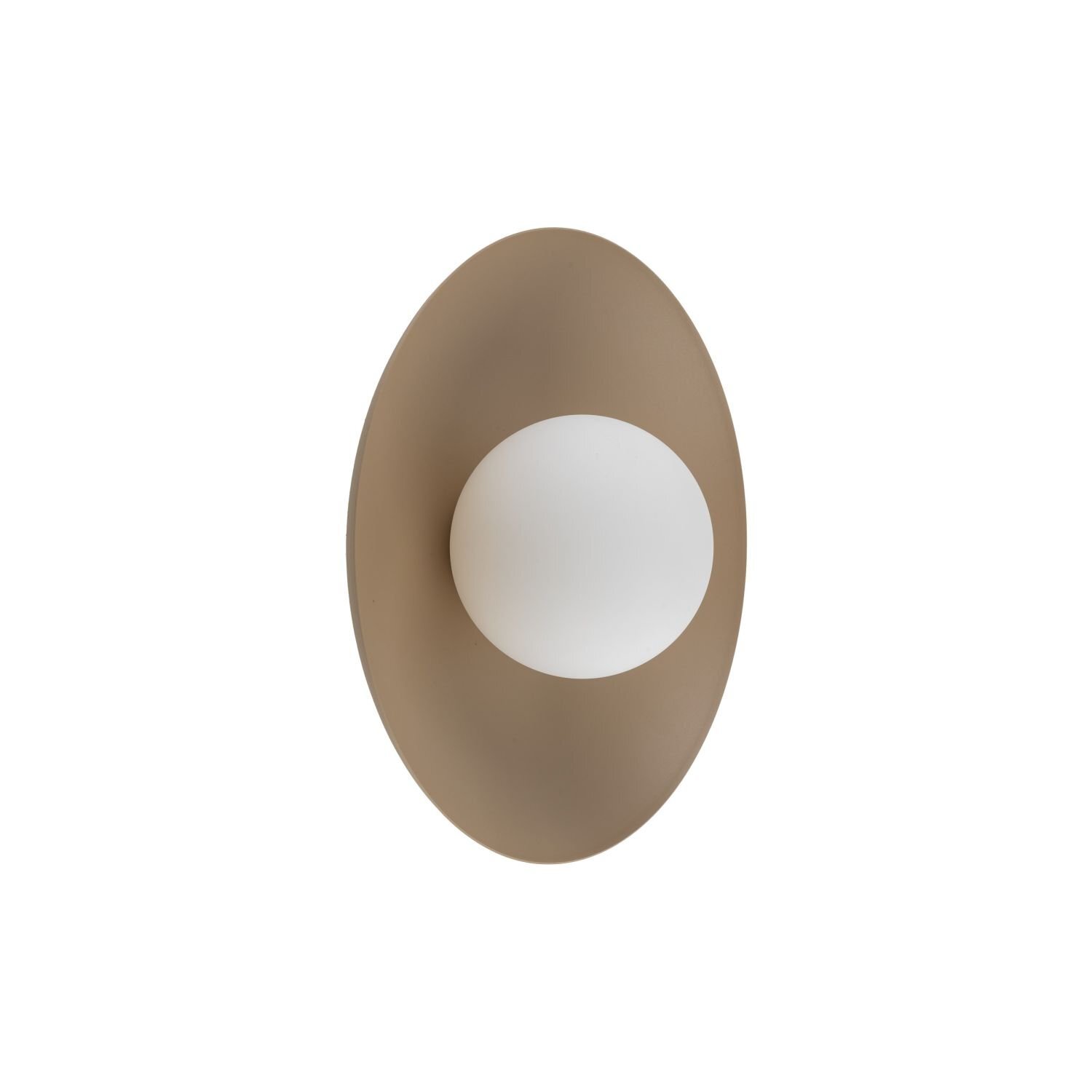 Obraz przedstawia lampę z beżowym, owalnym kloszem i białym, kulistym środkiem. Lampa ma nowoczesny design i jest przeznaczona do montażu sufitowego lub ściennego.