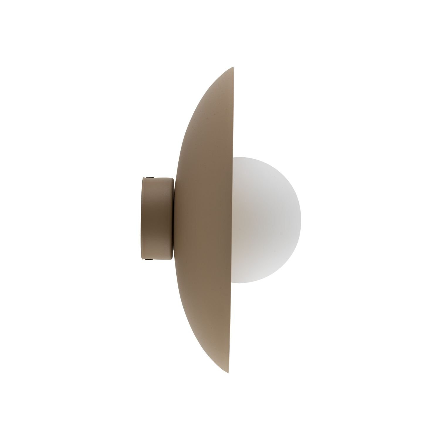 Obraz przedstawia beżową lampę sufitowo-ścienną z okrągłym, szklanym kloszem. Lampa ma minimalistyczny design z matowym wykończeniem.