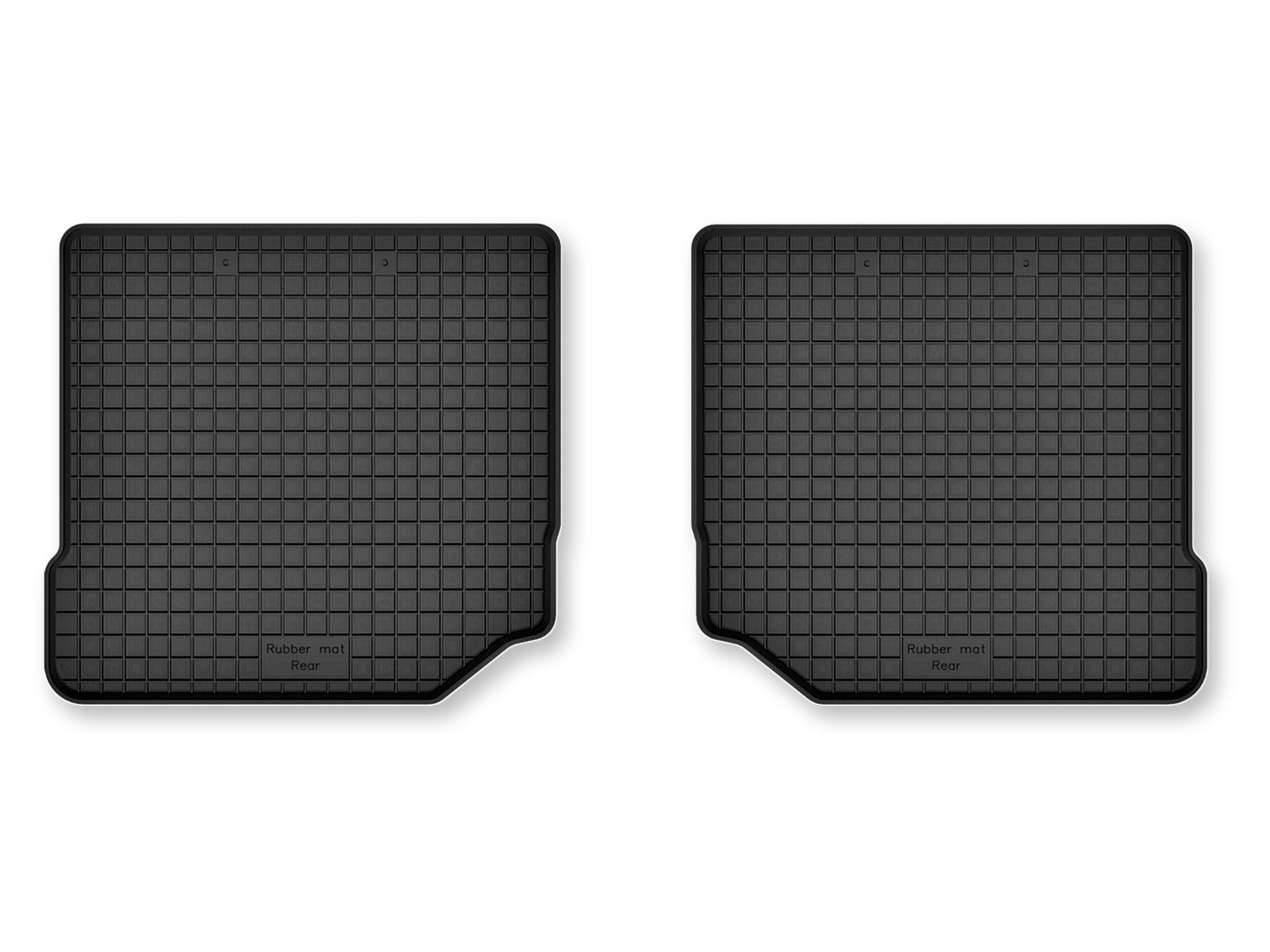 Dwa czarne, gumowe dywaniki samochodowe o korytkowej strukturze z widocznym napisem \'Rubber mat Rear\'.