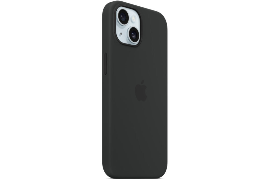 Czarne etui silikonowe z logo Apple, przeznaczone do telefonu z dwoma widocznymi obiektywami aparatu.