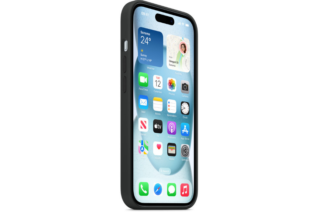 Na obrazie widoczny jest smartfon w czarnym etui, z wyświetlaczem pokazującym różne aplikacje i widżety. Na ekranie widoczny jest tekst: \'Sonoma 24° Samy H:29° L:11°\'.