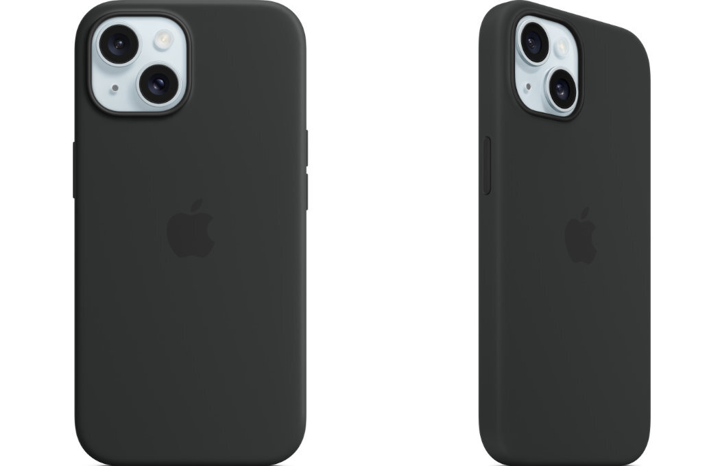 Czarne etui silikonowe z logo Apple, przeznaczone do telefonu z podwójnym aparatem. Produkt jest pokazany z dwóch perspektyw, ukazując jego gładką powierzchnię i otwory na kamerę.