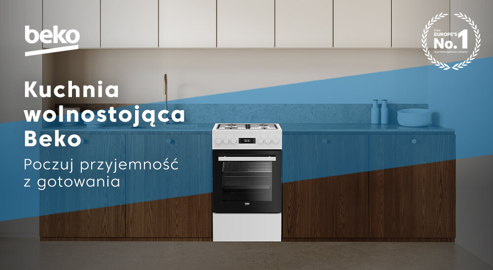 Na obrazie znajduje się kuchnia wolnostojąca Beko umieszczona w nowoczesnej kuchni z drewnianymi szafkami i blatem. Widoczny tekst: \'Kuchnia wolnostojąca Beko Poczuj przyjemność z gotowania\', logo \'beko\' oraz \'Europe\'s No.1\'.