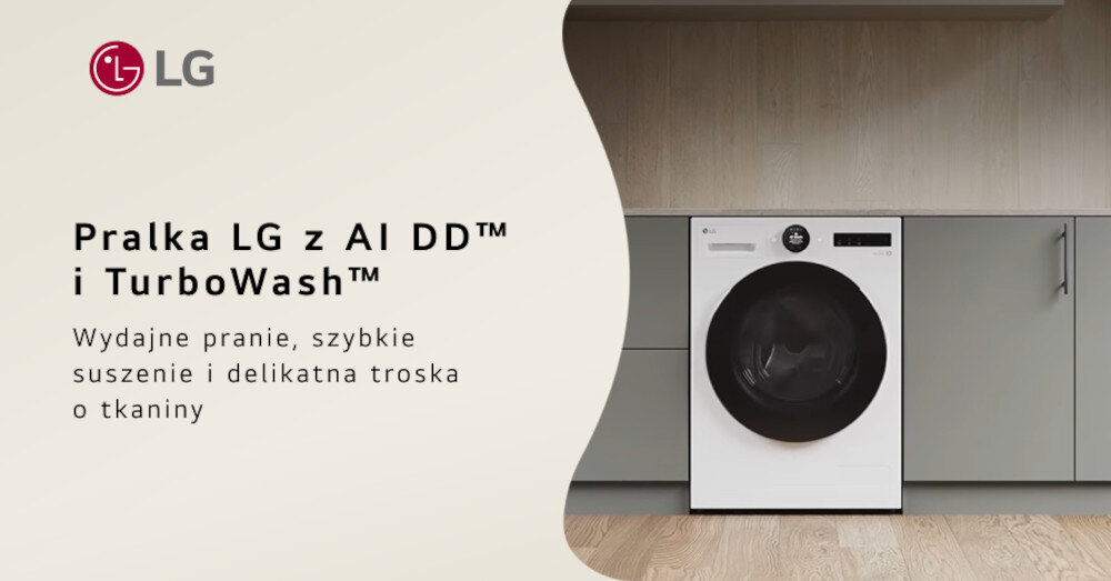 Obraz przedstawia pralkę w zabudowie kuchennej z widocznym logo LG. Tekst na obrazie: \'Pralka LG z AI DD™ i TurboWash™ Wydajne pranie, szybkie suszenie i delikatna troska o tkaniny\'.