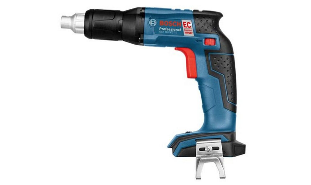Wkrętarka BOSCH GSR 18V-EC TE Professional zasilane jest przez akumulator Li-Ion o pojemności 4000 mAh maksymalny moment obrotowy 25 Nm technologia EC silników firmy Bosch niewielka długość łba wkrętu do 207 mm blokada włącznika