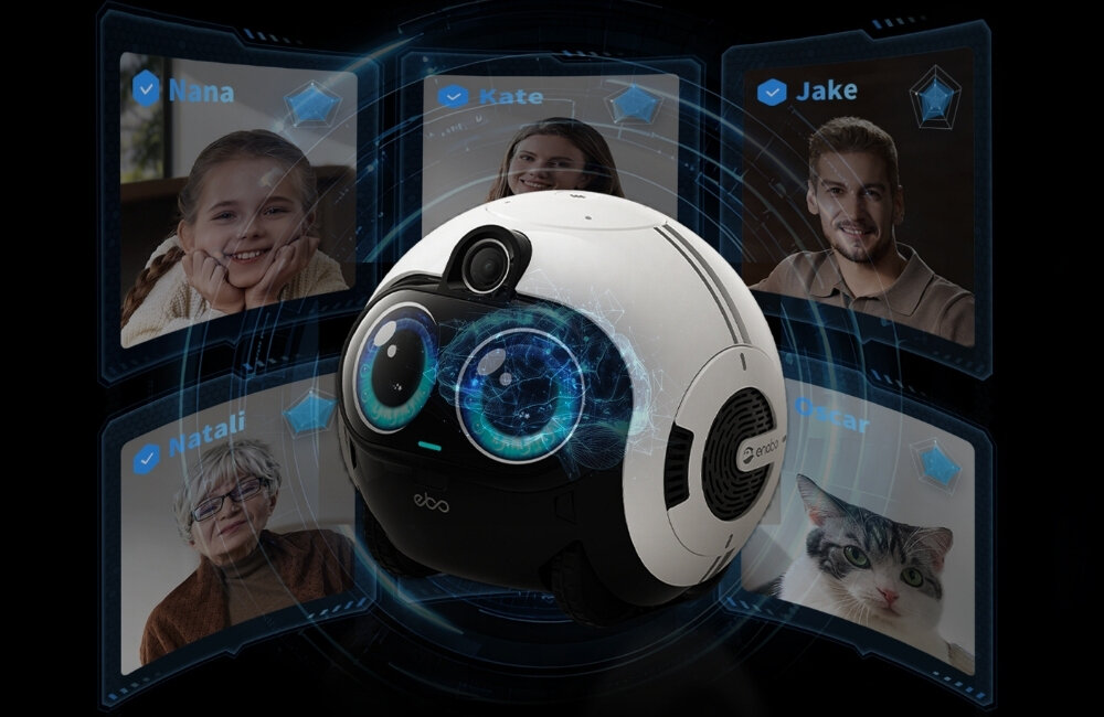 Na obrazie znajduje się biały, kulisty robot z dużymi, niebieskimi oczami i kamerą na górze. W tle widoczne są zdjęcia czterech osób i kota z podpisami: Nana, Kate, Jake, Natali, Oscar.