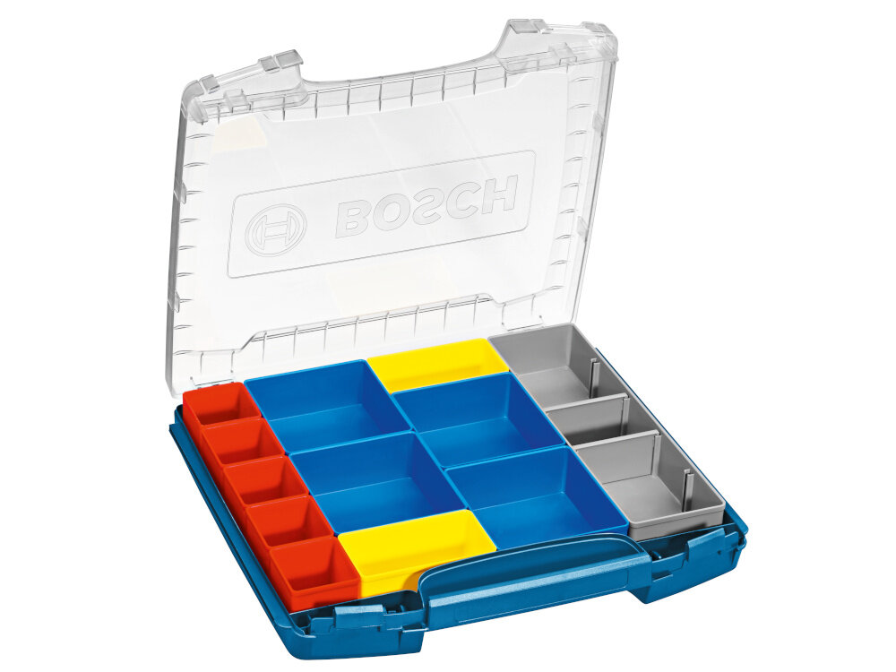 System walizkowy BOSCH 1600A001RW otwarta waliza na białym tle we wnętrzu pojemniki do przechowywania kompatybilna z regałem i-BOXX Rack walizką LS-BOXX systemem BOSCH Mobility i zestawami pojemników Inset Box do i-BOXX możliwość tworzenia spójnych i elastycznych zestawów przechowywania można dopasować konfigurację systemu do indywidualnych potrzeb