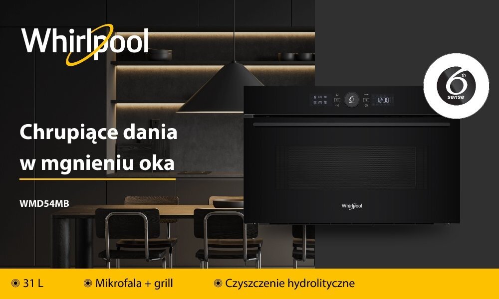 Reklama kuchenki mikrofalowej Whirlpool z tekstem: \'Chrupiące dania w mgnieniu oka\'. Widoczne są funkcje: 31 L, Mikrofala + grill, Czyszczenie hydroliczne oraz logo \'6th sense\'.