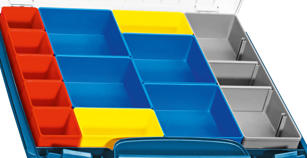 Organizer BOSCH 1600A001S7 pojemniki na białym tle 12 kolorowych pojemników ułatwiają segregację zawartości różnorodność kolorów płynność pracy porządek
