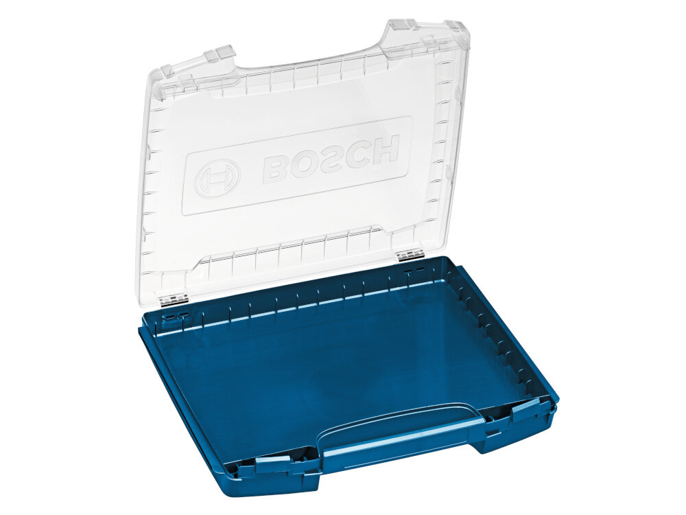 Organizer BOSCH 1600A001S7 otwarta pusta walizka na białym tle zamykana pokrywa z przezroczystego tworzywa bieżąca kontrola zawartości chroni zawartość przed kurzem i przypadkowym rozsypaniem