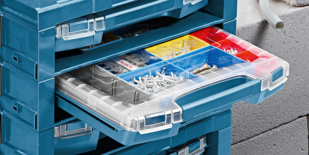 Organizer BOSCH 1600A001S7 organizer umieszczony w regale roboczym z trwałego tworzywa ABS odporność na uderzenia waga 0,8 kg wymiary 311 × 367 × 57 mm