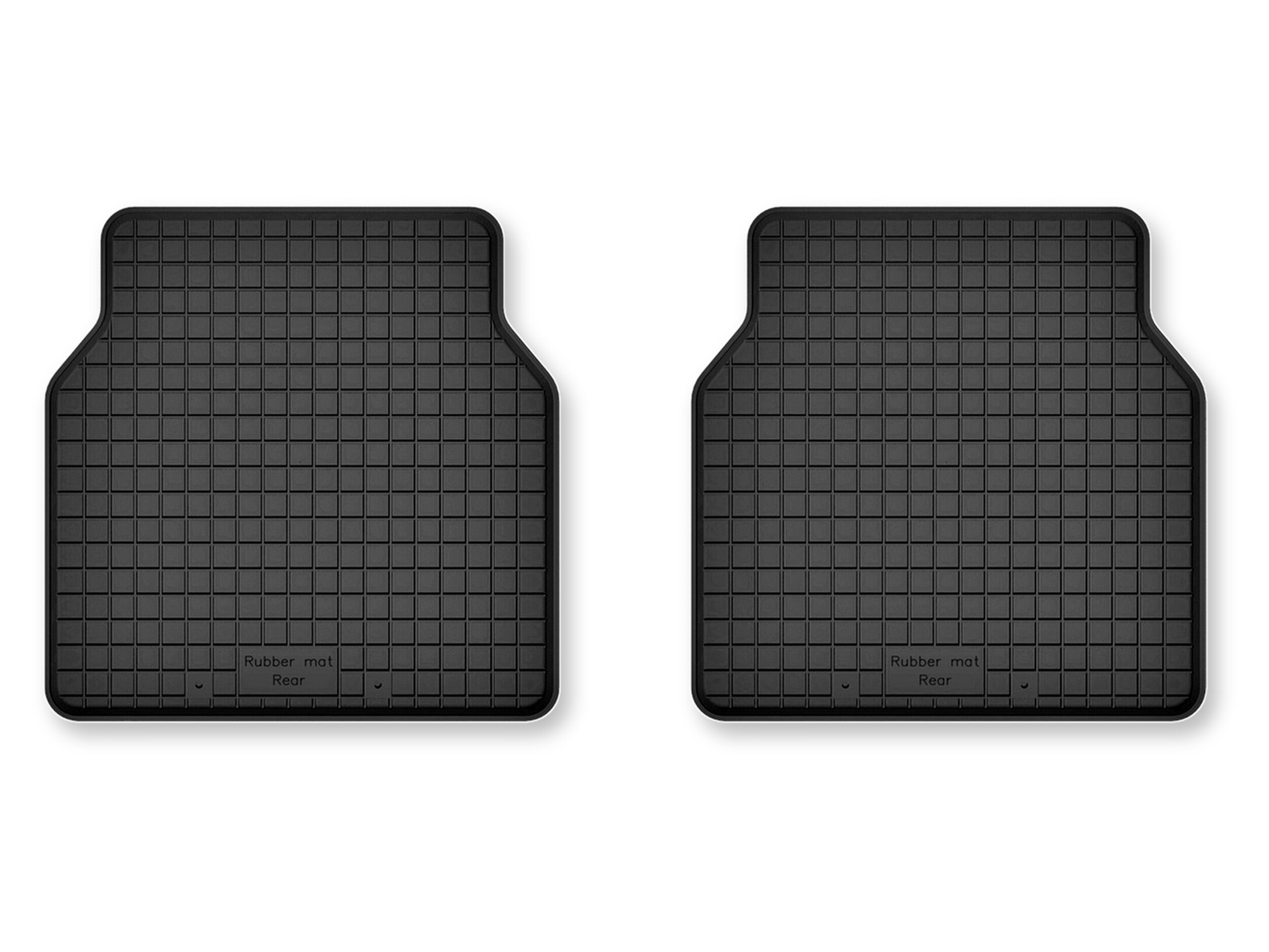 Dwa czarne gumowe dywaniki samochodowe o korytkowej strukturze z widocznym napisem \'Rubber mat Rear\'.