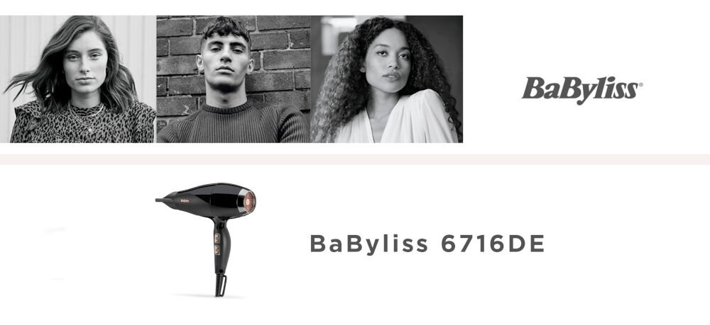 Obraz przedstawia suszarkę do włosów w kolorze czarno-srebrnym z napisem \'BaByliss 6716DE\'. W tle widoczne są trzy czarno-białe portrety osób oraz logo \'BaByliss\'.