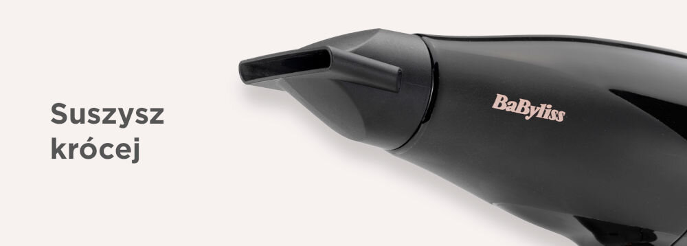 Czarna suszarka do włosów z widocznym logo \'BaByliss\' oraz tekstem \'Suszysz krócej\'.