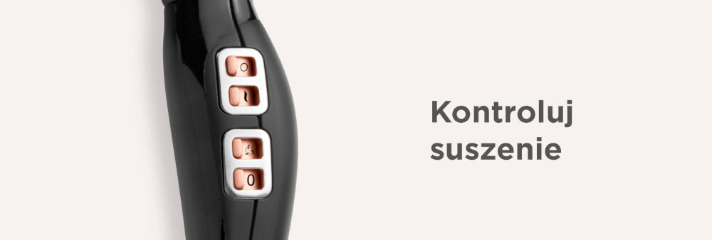 Czarna suszarka z trzema przyciskami w kolorze miedzianym. Obok widoczny jest tekst: \'Kontroluj suszenie\'.