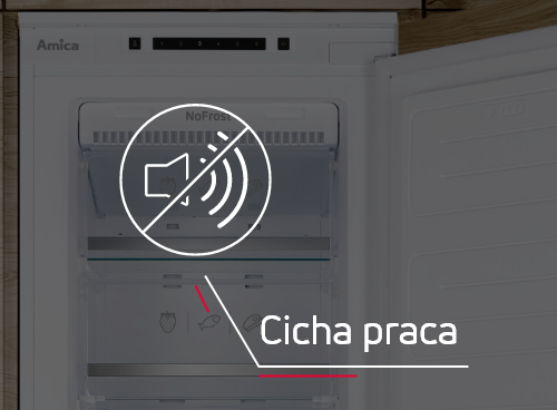 Otwarta zamrażarka z widocznym logo Amica i napisem \'NoFrost\'. Na obrazie znajduje się symbol przekreślonego głośnika z falami dźwiękowymi oraz napis \'Cicha praca\'.