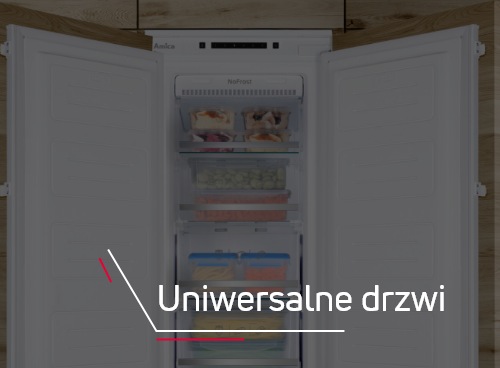 Otwarta zamrażarka z kilkoma półkami, na których znajdują się różne produkty spożywcze. Na obrazie widoczny jest napis \'Uniwersalne drzwi\'.