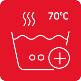 Czerwona ikona przedstawiająca symbol pary nad naczyniem z wodą oraz napis \'70°C\'.