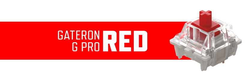 Obraz przedstawia przełącznik mechaniczny z przezroczystą obudową i czerwonym elementem wewnętrznym. Na czerwonym tle widnieje tekst: \'GATERON G PRO RED\'.