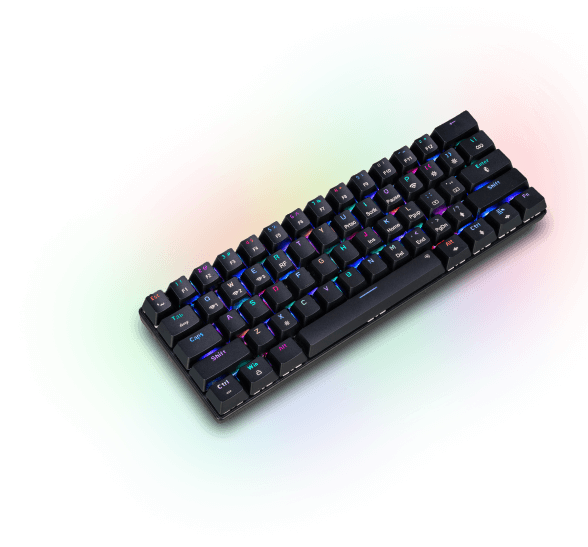 Czarna klawiatura mechaniczna z podświetleniem RGB, na tle kolorowej poświaty. Klawisze mają różnokolorowe podświetlenie, a na obudowie widoczne jest logo \'MAD DOG\'.