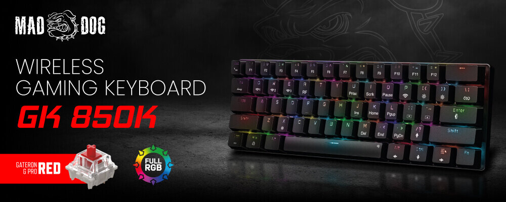 Obraz przedstawia klawiaturę gamingową z podświetleniem RGB. Widoczny tekst to: \'MAD DOG WIRELESS GAMING KEYBOARD GK 850K\', \'GATERON G PRO RED\', \'FULL RGB\'.