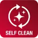 Czerwony kwadrat z białym symbolem dwóch strzałek tworzących okrąg wokół trzech gwiazdek oraz napisem \'SELF CLEAN\'.