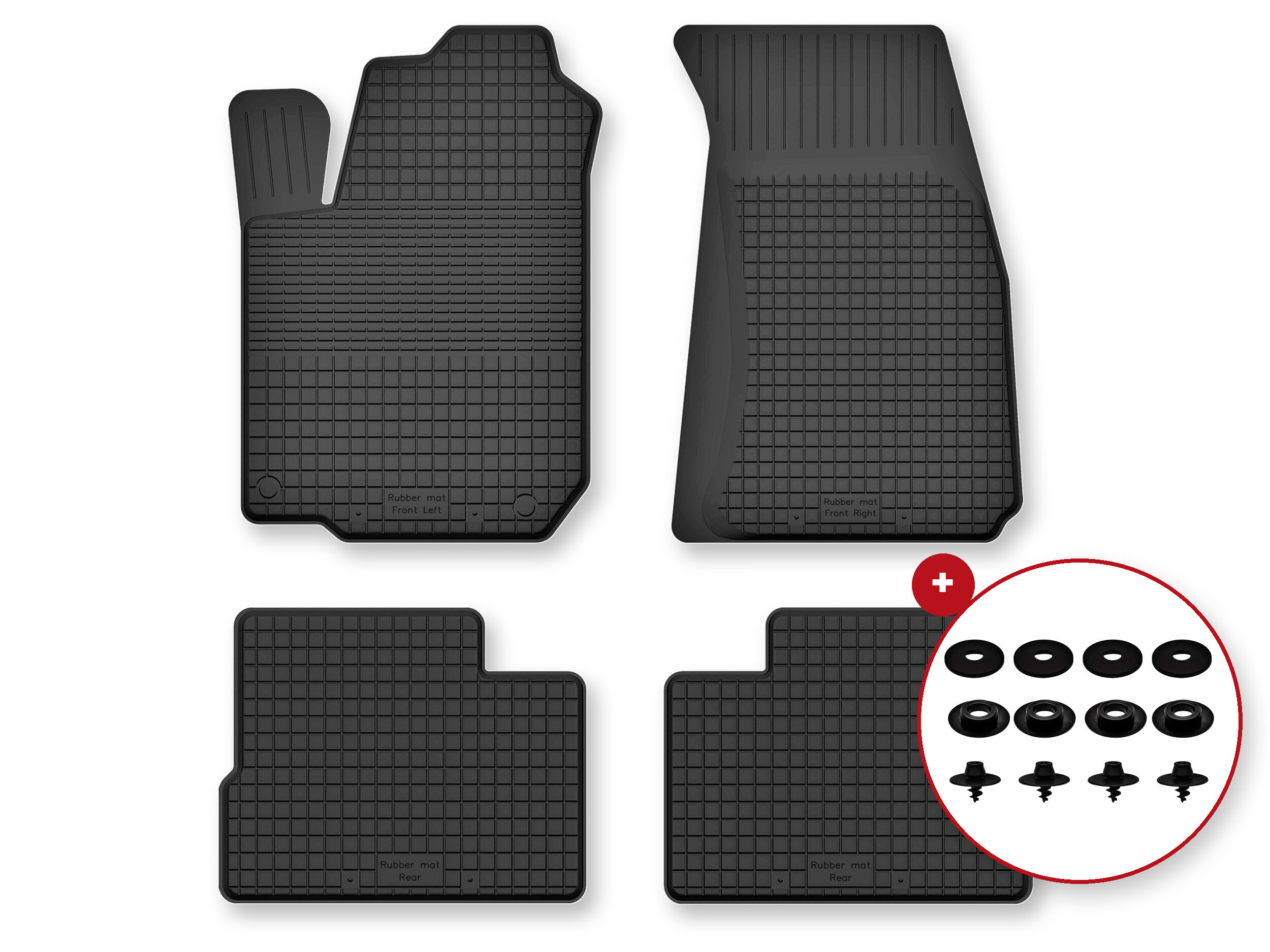 Cztery czarne gumowe dywaniki samochodowe o korytkowej strukturze, z widocznymi stoperami w okrągłym powiększeniu. Na dywanikach widoczny jest tekst: \'Rubber mat Front Left\' oraz \'Rubber mat Front Right\'.
