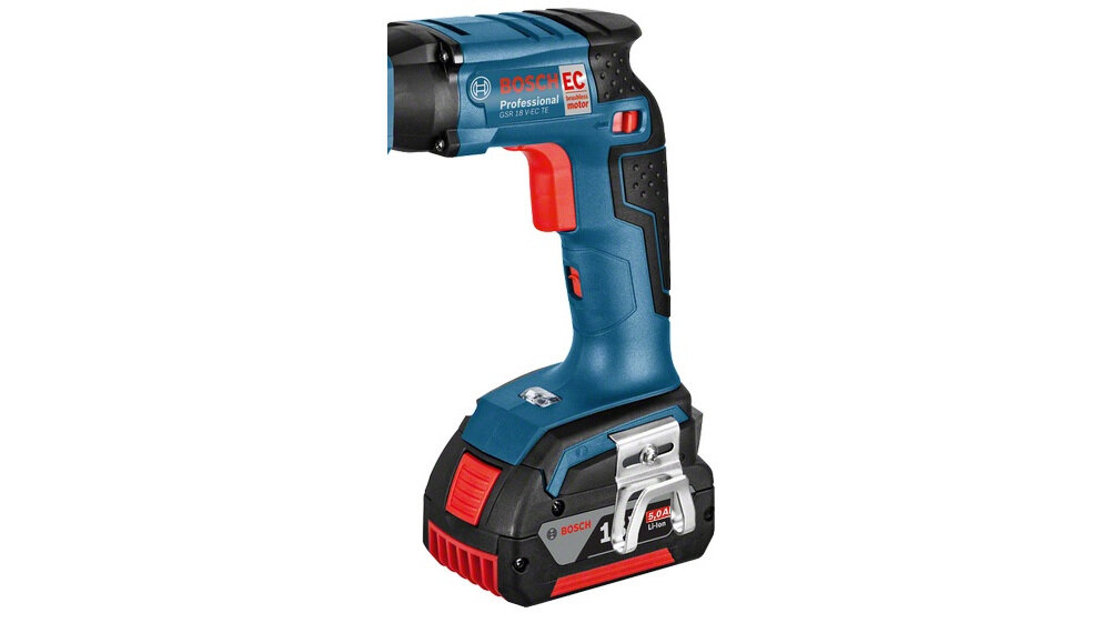 Wkrętarka BOSCH GSR 18V-EC TE Professional krótki i ergonomiczny korpus miękka rękojeść urządzenia z blokadą włącznika oświetlenie lampa LED