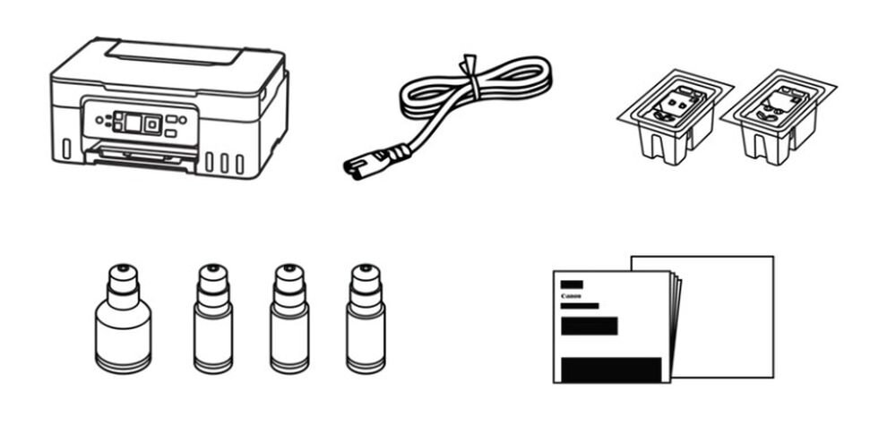 Ilustracja przedstawia urządzenie wielofunkcyjne, kabel, dwa pojemniki z tuszem, trzy butelki z tuszem oraz zestaw instrukcji lub dokumentów. Na jednym z dokumentów widoczny jest napis \'Canon\'.