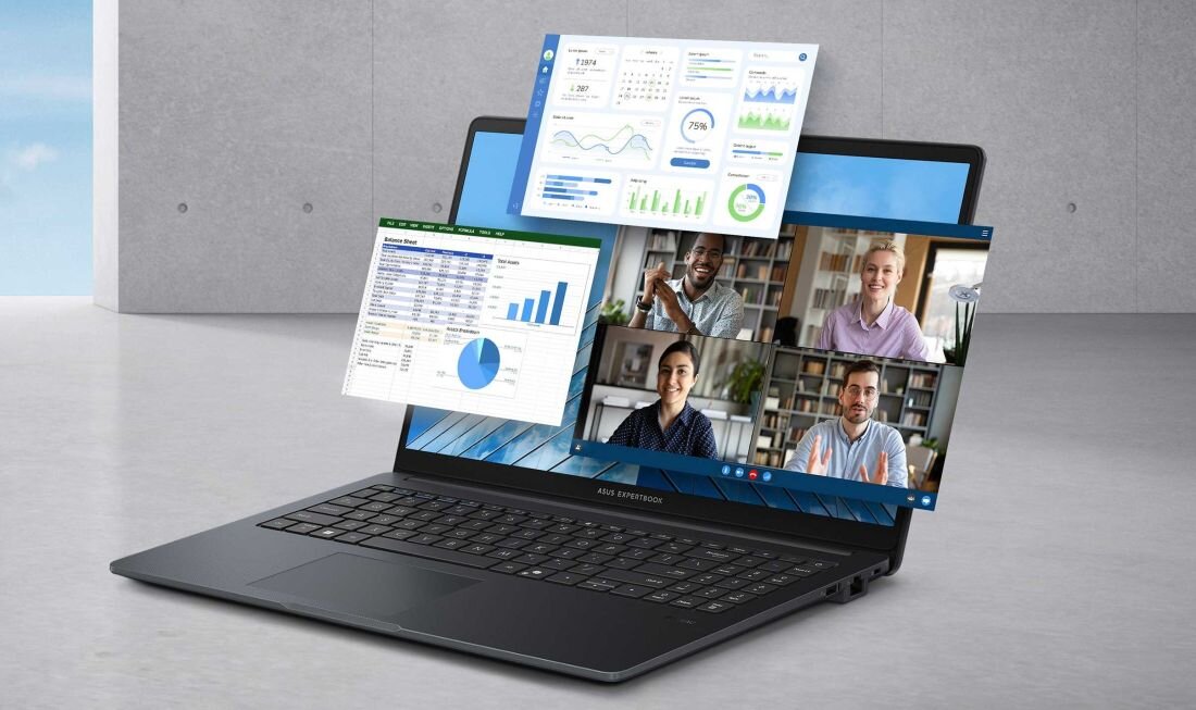 Laptop z widocznym logo \'ASUS ExpertBook\' na klawiaturze, na ekranie wyświetlane są różne aplikacje, w tym wideokonferencja z czterema osobami oraz wykresy i dane tabelaryczne.
