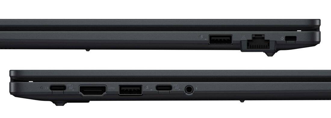 Obraz przedstawia dwa widoki boczne laptopa z różnymi portami, w tym USB, HDMI, Ethernet i gniazdo audio.