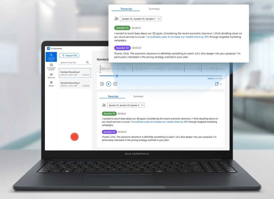 Laptop ASUS ExpertBook z otwartym ekranem, na którym wyświetlana jest aplikacja do transkrypcji rozmów. Na ekranie widoczny jest tekst dialogu między dwoma osobami oraz wykres fal dźwiękowych.