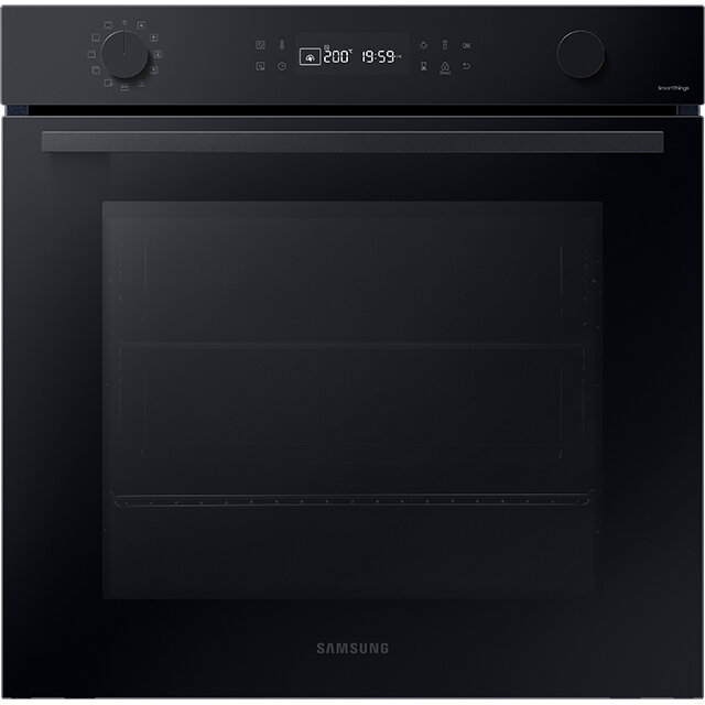 Zdjęcie przedstawia front piekarnika Samsung NV7B4145VAK, który można kupić w sklepie Media Expert Czarny piekarnik elektryczny z panelem sterowania, na którym widoczny jest wyświetlacz z temperaturą 200°C i czasem 19:59. Na dole znajduje się logo \'SAMSUNG\'.
