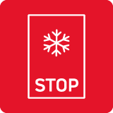 Czerwony kwadrat z białą ikoną płatka śniegu nad napisem \'STOP\'.