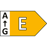 Etykieta energetyczna z literą \'E\' na żółtym tle, z oznaczeniem skali od A do G po lewej stronie.
