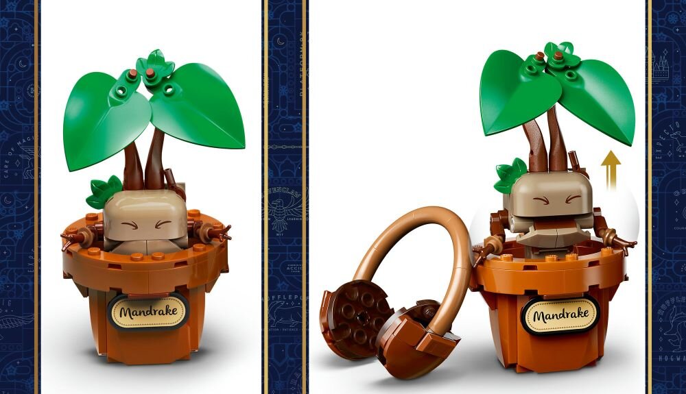 Na obrazie widoczny jest zestaw LEGO przedstawiający roślinę w doniczce z etykietą \'Mandrake\'. Obok znajduje się ilustracja pokazująca, że roślina może być wyciągnięta z doniczki, a obok leżą brązowe słuchawki ochronne.