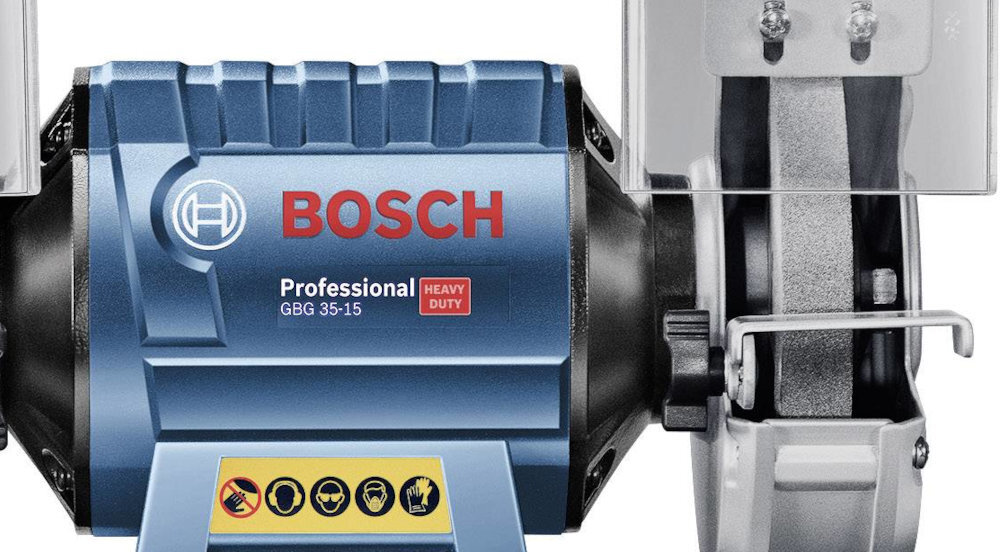 Szlifierka stołowa BOSCH GBG 35-15 silnik mocny indukcyjny o mocy 350 W maksymalna prędkośc obrotowa do 3000 obr/min zwarta odlewana obudowa z uszczelnionymi łożyskami kulkowymi
