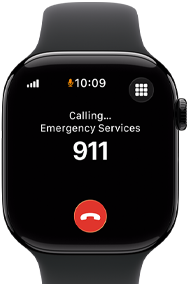 Zegarek z wyświetlaczem pokazującym godzinę 10:09 i tekst \'Calling... Emergency Services 911\'. Widoczna ikona połączenia telefonicznego.