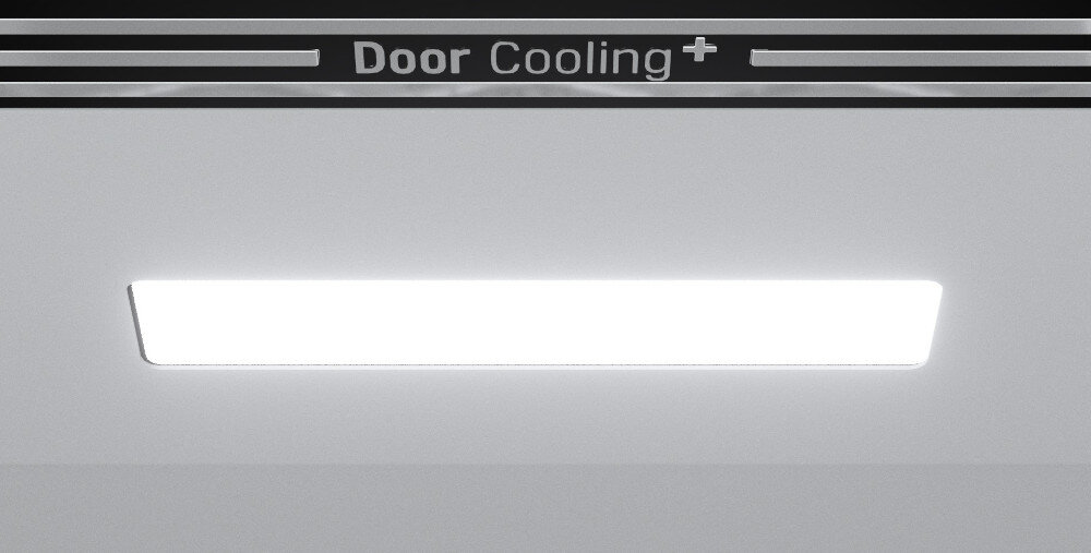 Obraz przedstawia jasne światło wewnątrz lodówki z napisem \'Door Cooling+\'.