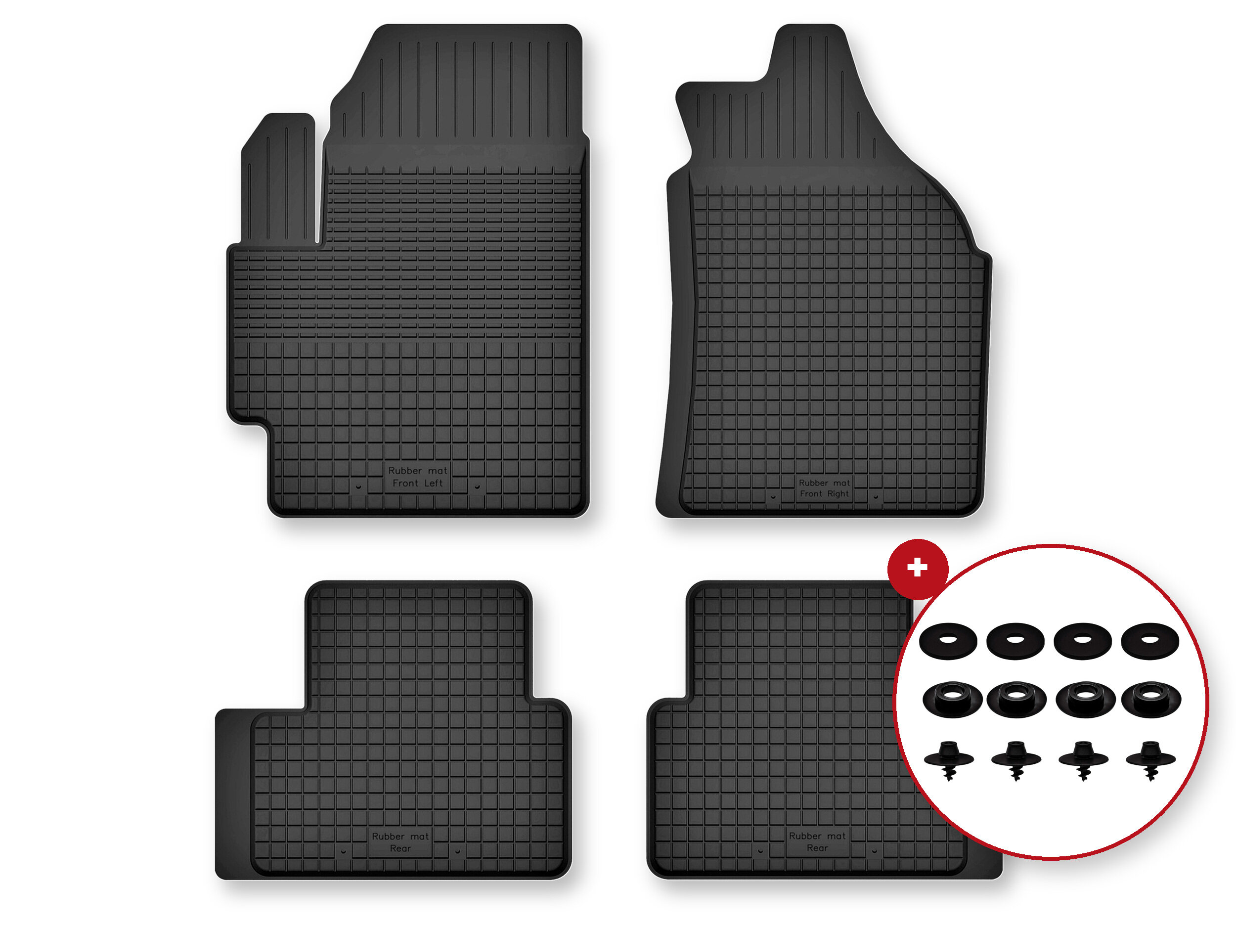 Cztery czarne gumowe dywaniki samochodowe o prostokątnym kształcie z widocznymi stoperami. Na dywanikach widoczny jest tekst: \'Rubber mat Front Left\' oraz \'Rubber mat Rear\'.