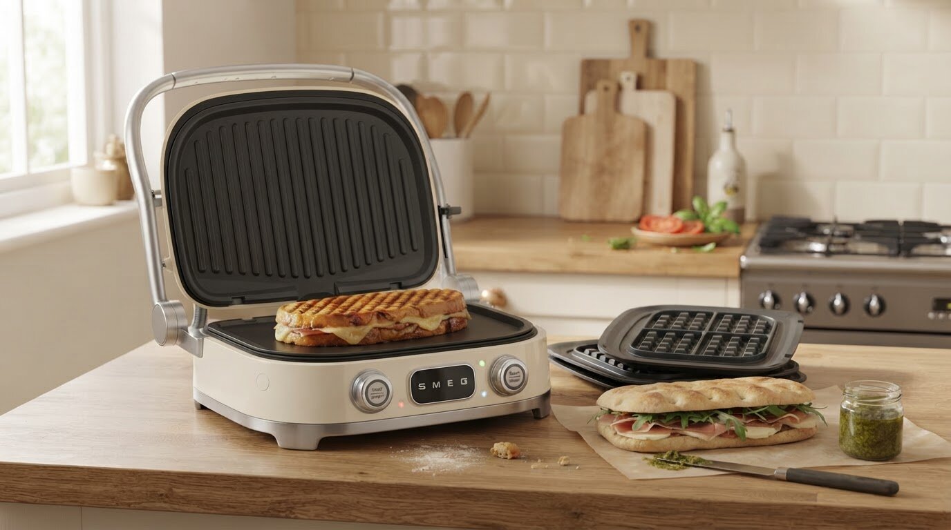 Na drewnianym blacie kuchennym znajduje się otwarty grill elektryczny z logo \'SMEG\', w którym grillowana jest kanapka. Obok leży druga kanapka, nóż oraz słoik z zielonym sosem.