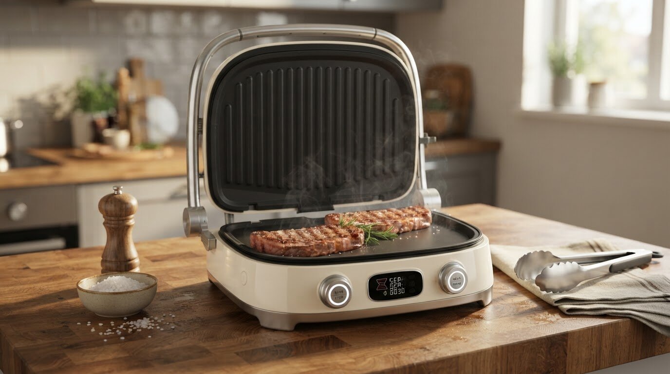 Na drewnianym blacie kuchennym stoi otwarty grill elektryczny z dwoma kawałkami mięsa na ruszcie. Obok grilla znajdują się szczypce, solniczka i miseczka z solą.