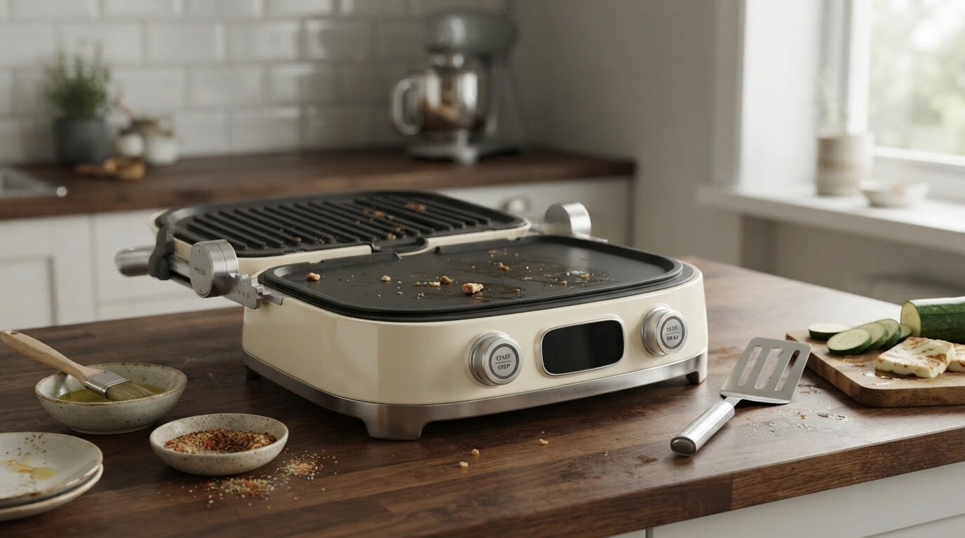 Na drewnianym blacie kuchennym znajduje się otwarty grill elektryczny w kremowym kolorze z metalowymi elementami. Obok leży metalowa łopatka, a na blacie widoczne są talerze z przyprawami i pokrojone warzywa.