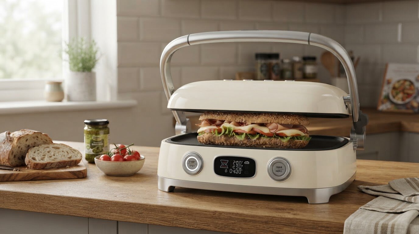 Na blacie kuchennym znajduje się kremowy grill elektryczny z kanapką w środku. Obok leży pokrojony chleb, miska z pomidorami i słoik z zielonym produktem.