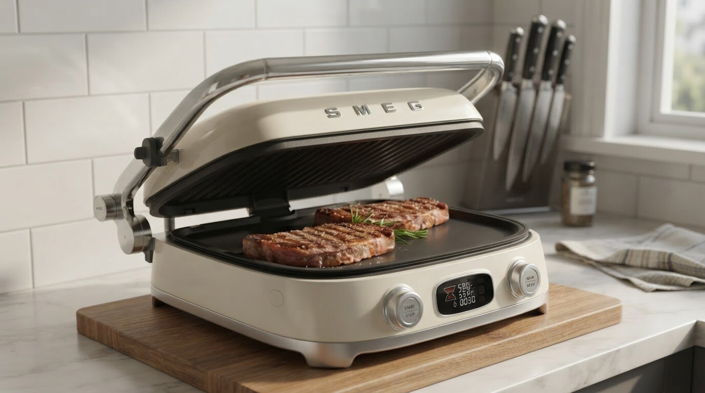 Na blacie kuchennym znajduje się otwarty grill elektryczny z logo SMEG, na którym grillowane są dwa kawałki mięsa. W tle widać zestaw noży kuchennych oraz słoik z przyprawami.