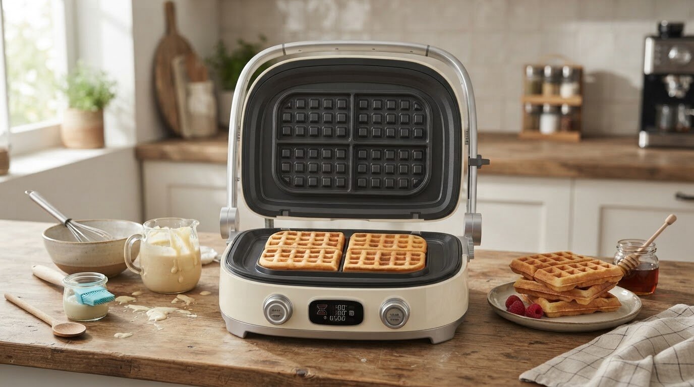Na drewnianym blacie kuchennym znajduje się otwarty grill elektryczny z dwoma goframi. Obok leżą składniki do pieczenia, takie jak ciasto, trzepaczka i miód.