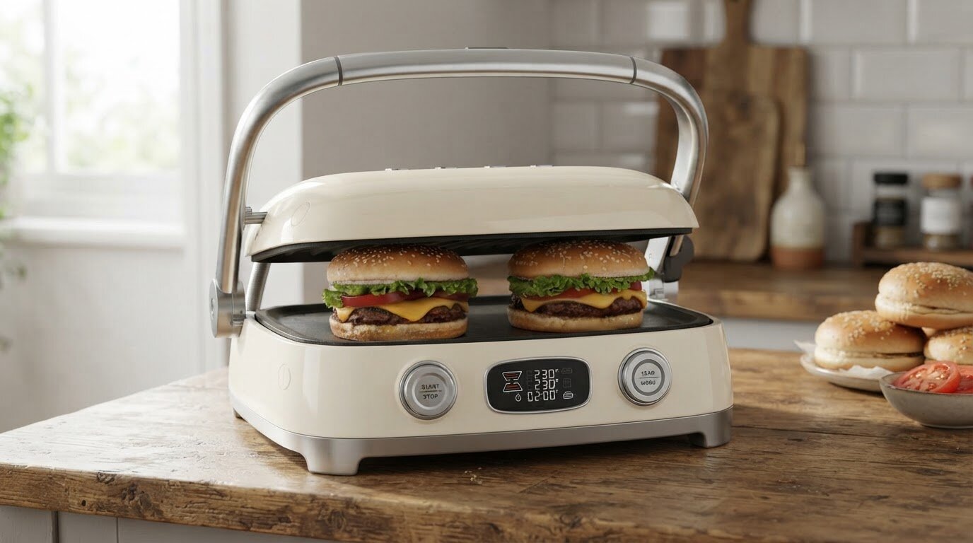 Na drewnianym blacie kuchennym znajduje się kremowy grill elektryczny z dwoma hamburgerami w środku. Na wyświetlaczu widoczne są cyfry: \'230°\', \'00:20\'.
